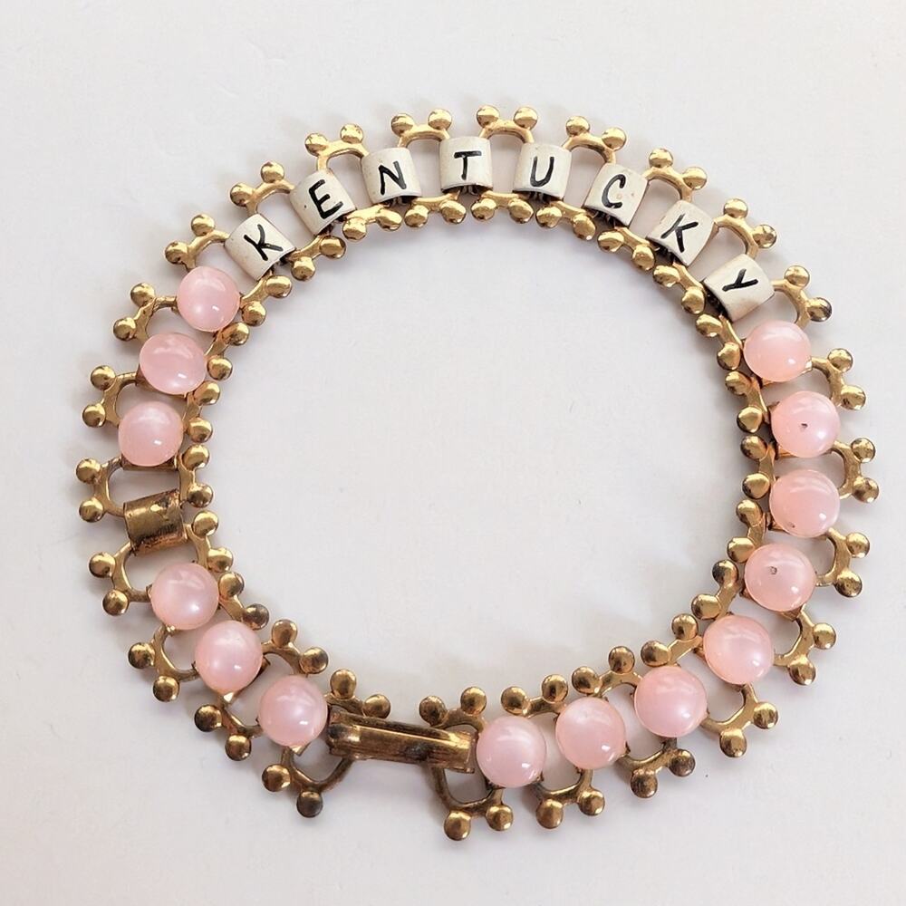Vintage Estate Gold Tone Moon Glow Beaded Kentucky Book Chain Bracelet
